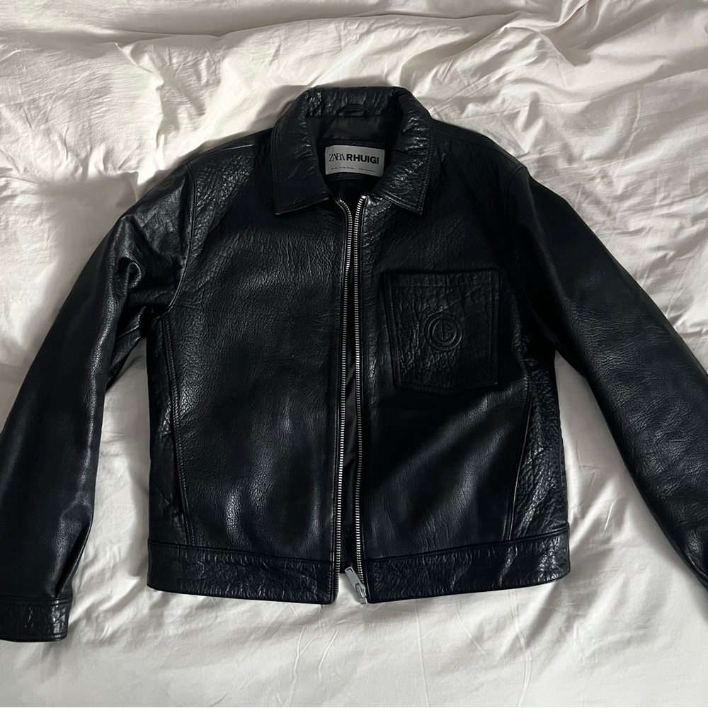 Zara x rhuigi Black Leather Bomber Jacket